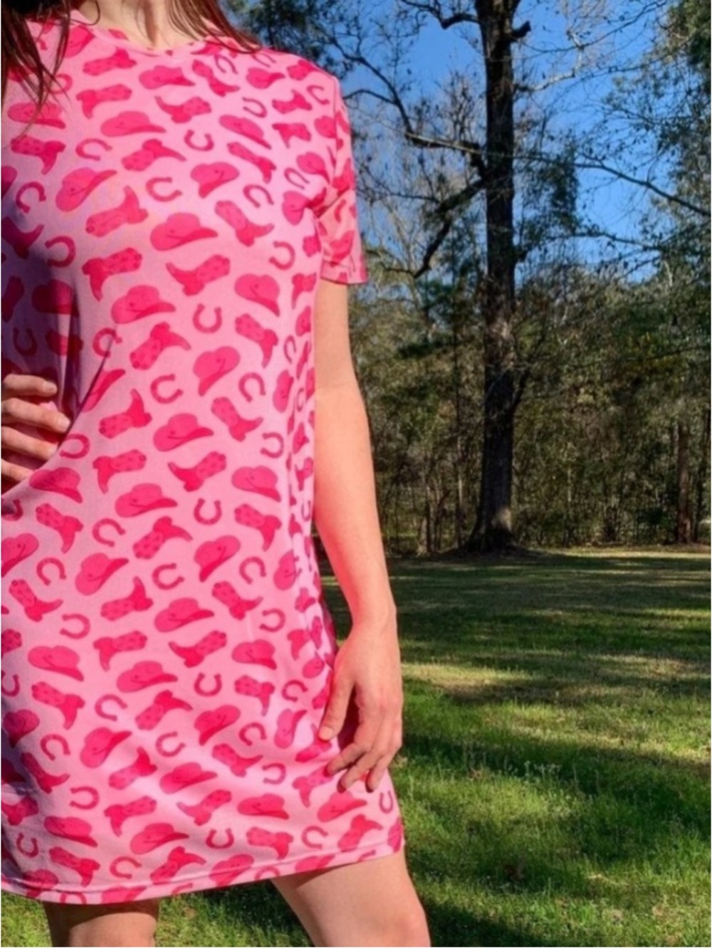 Western Print Pink Mesh Dress Women's Size Medium Cowgirl Boots Hat Horseshoe